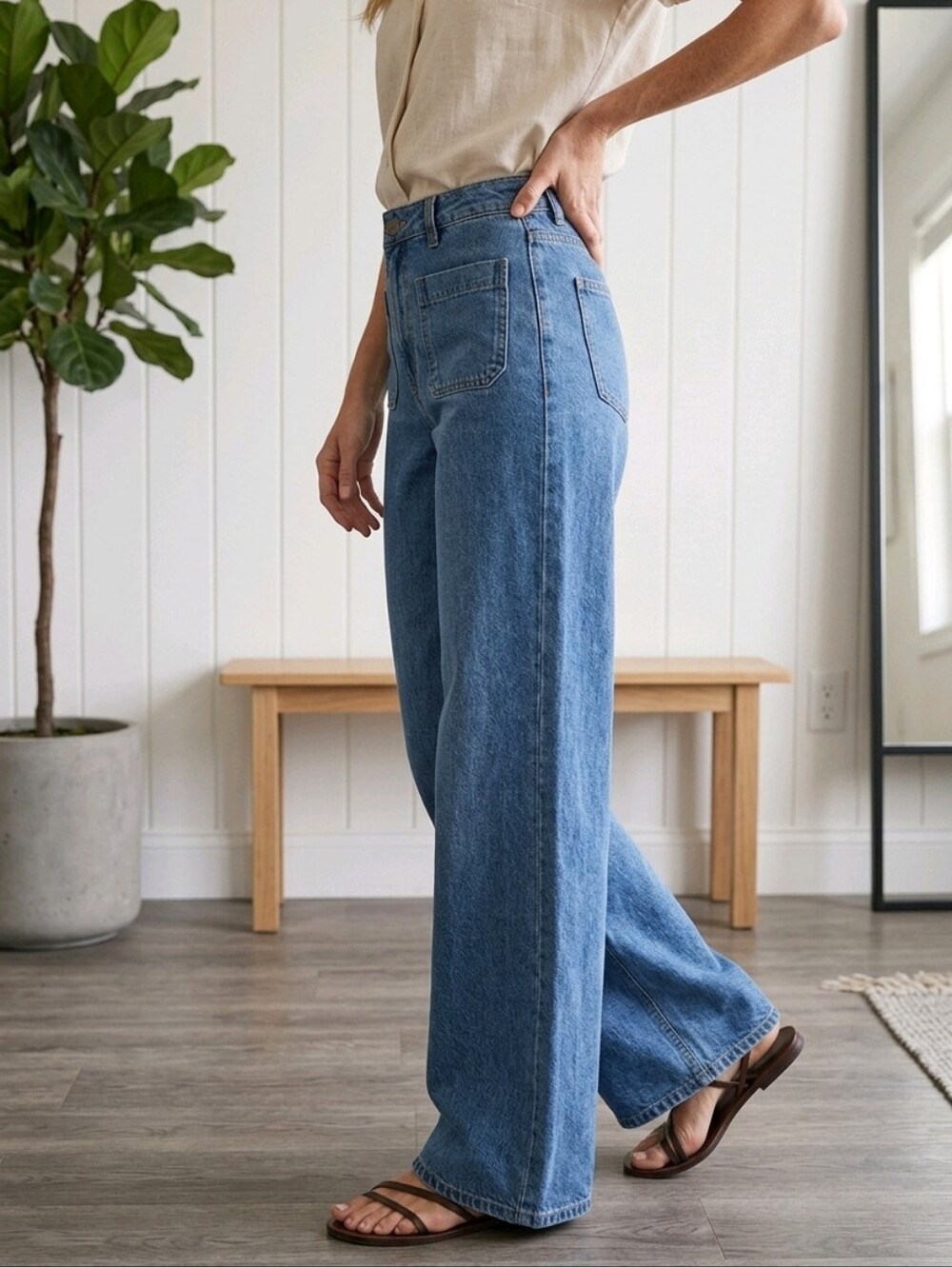 Mango Pockets Classic Blue Wide-Leg Women Jeans Sz 8